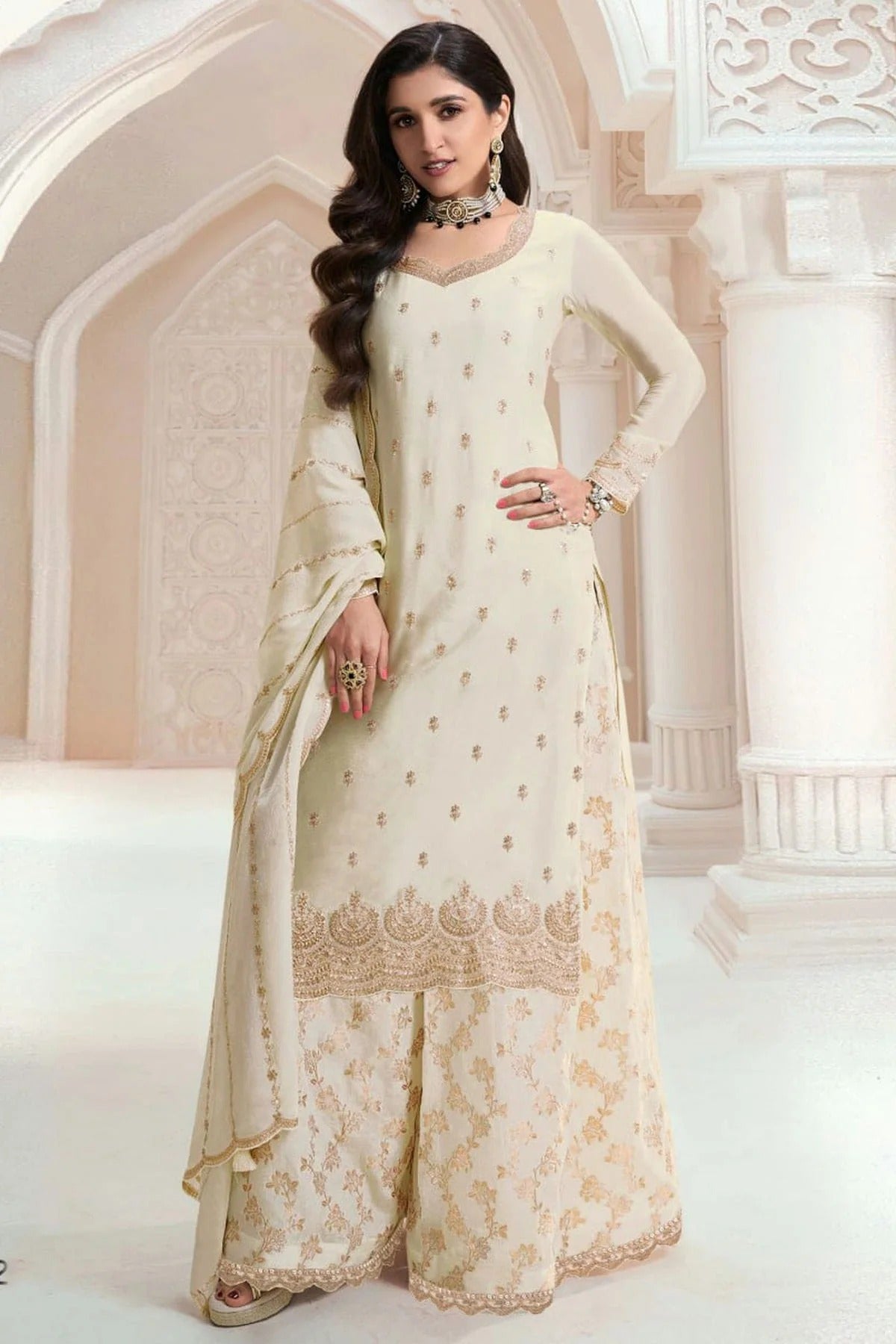 Cream Chinon Palazzo Pant Suit NCSM11410367
