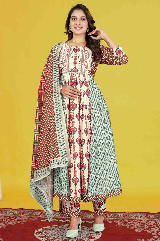 Cream Cotton Stitched Anarkali Suit NCSS11410188