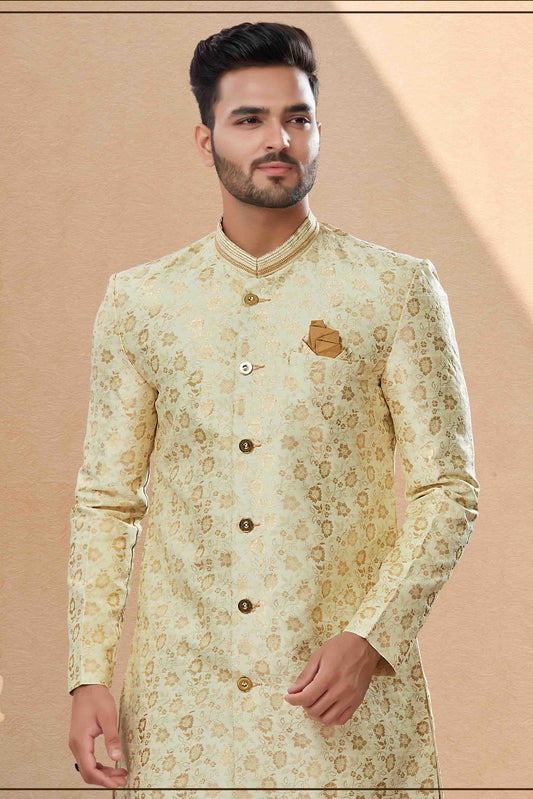 Cream Dhoti SherwaniIn Banarasi Jacquard  NCSH10410503