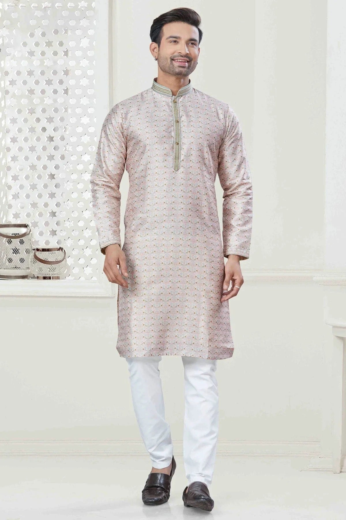 Cream Digital Print Silk Kurta Pajama NCKP11110564