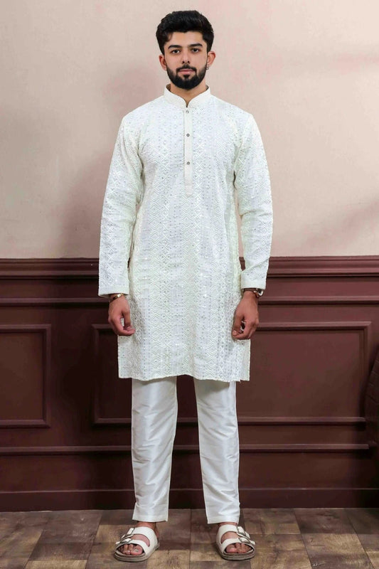 Cream Embroidery Viscose Kurta Pajama NCKP11110567