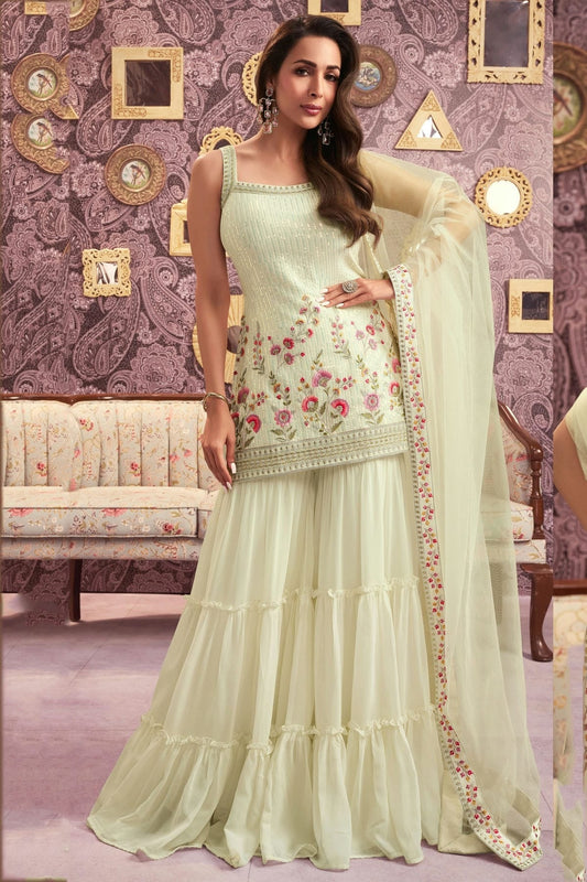 Cream Faux Georgette Semi Stitched Sharara Suit NCSM11410429