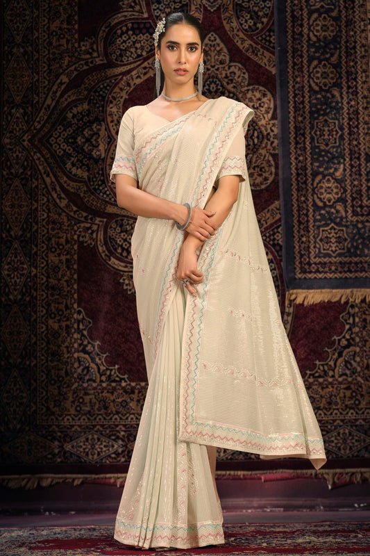Cream Georgette Designer Saree NCSD10810193