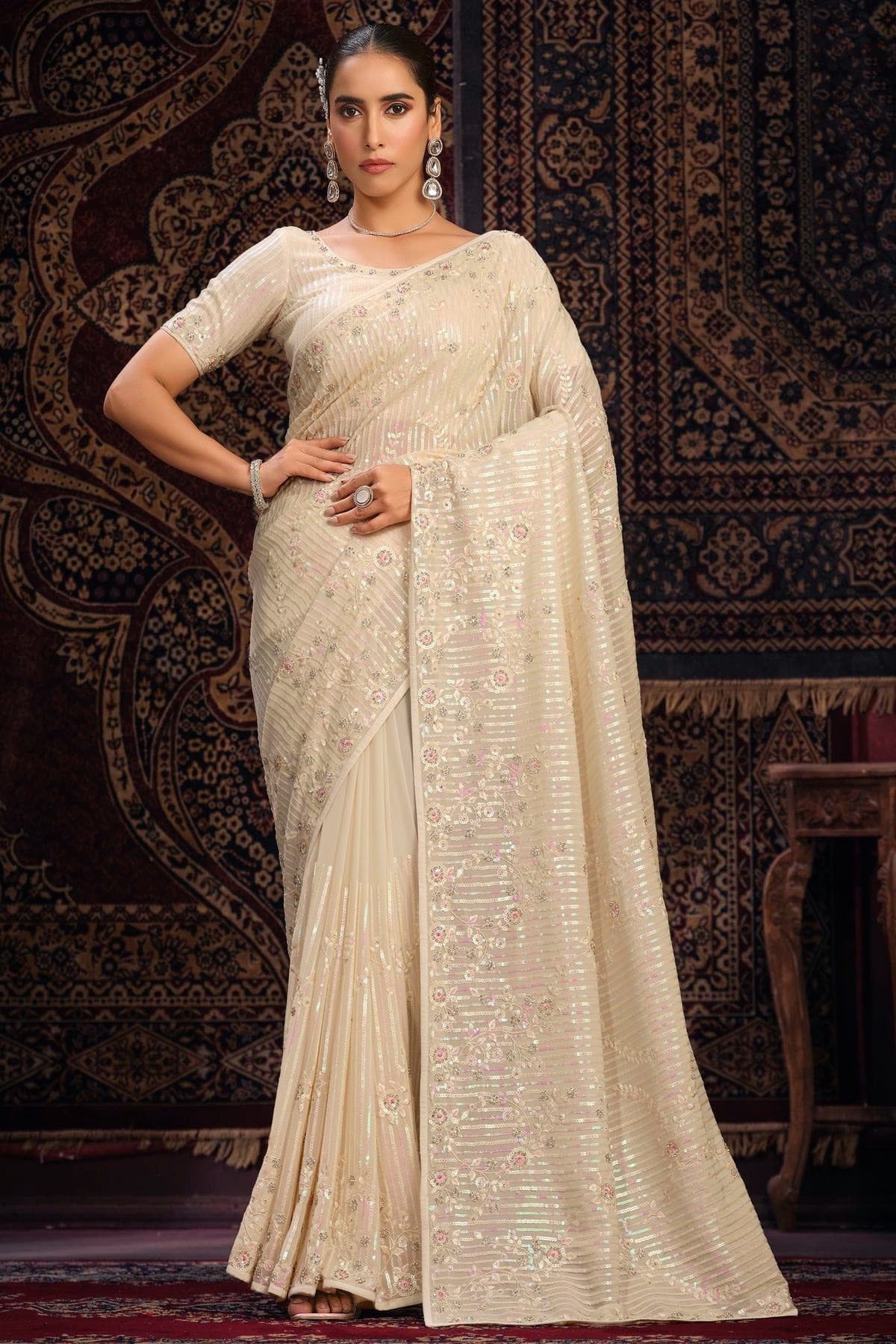Cream Georgette Designer Saree NCSD10810198