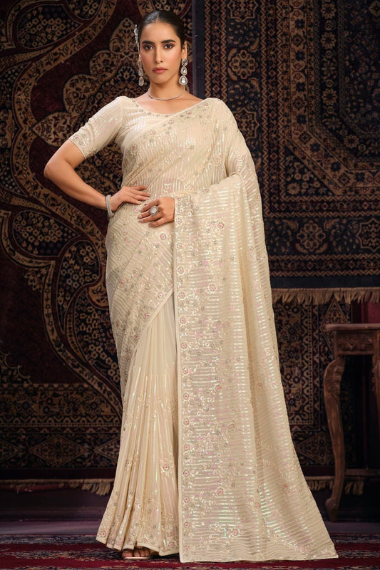 Cream Georgette Designer Saree NCSD10810198