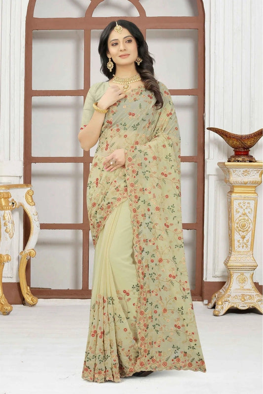 Cream Georgette Embroidery Saree NCSD10910635