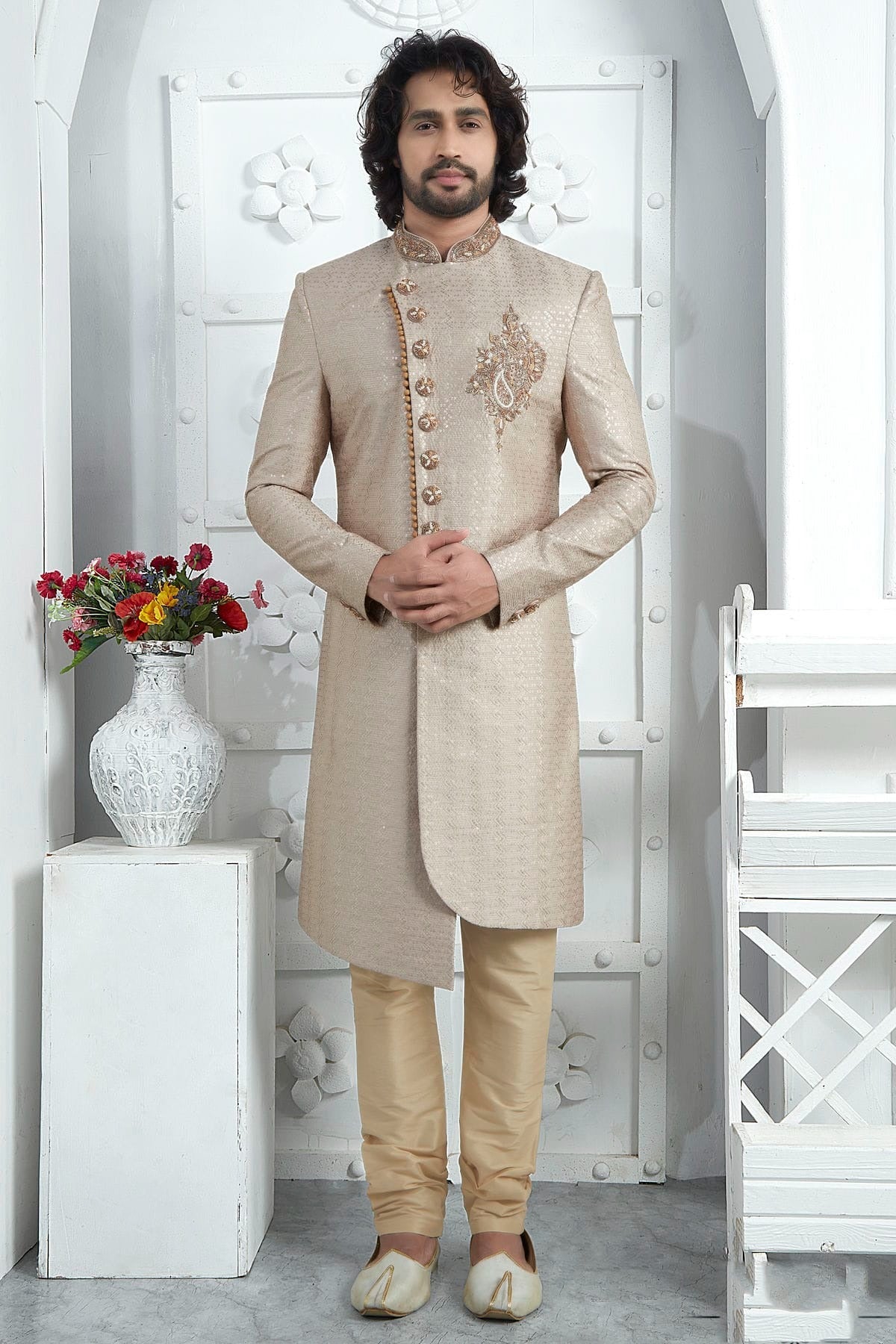 Cream Georgette Sherwan With Churidar Pant NCSH12310299