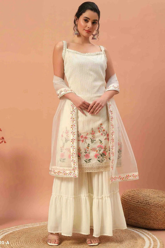 Cream Georgette Stitched Sharara Suit NCSS11410283