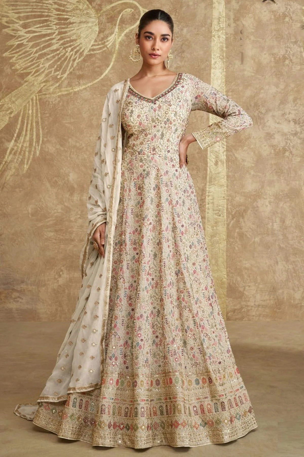 Cream Gerogette Anarkali Suit NCSM11410364