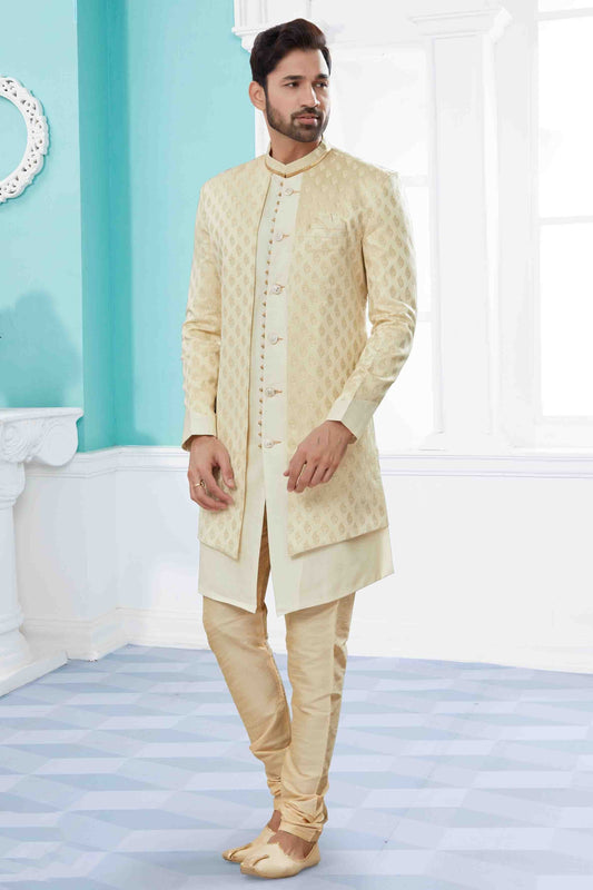 Cream Indo Western In Banarasi Jacquard NCSH10410524