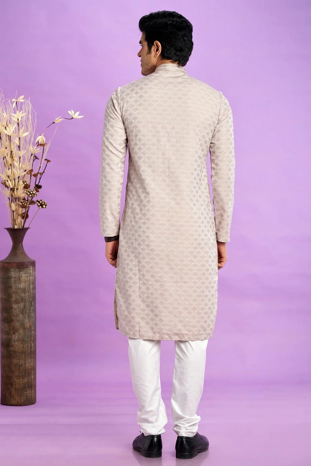 Cream Jacquard Art Silk Pintex Kurta Pajama NCKP12310171