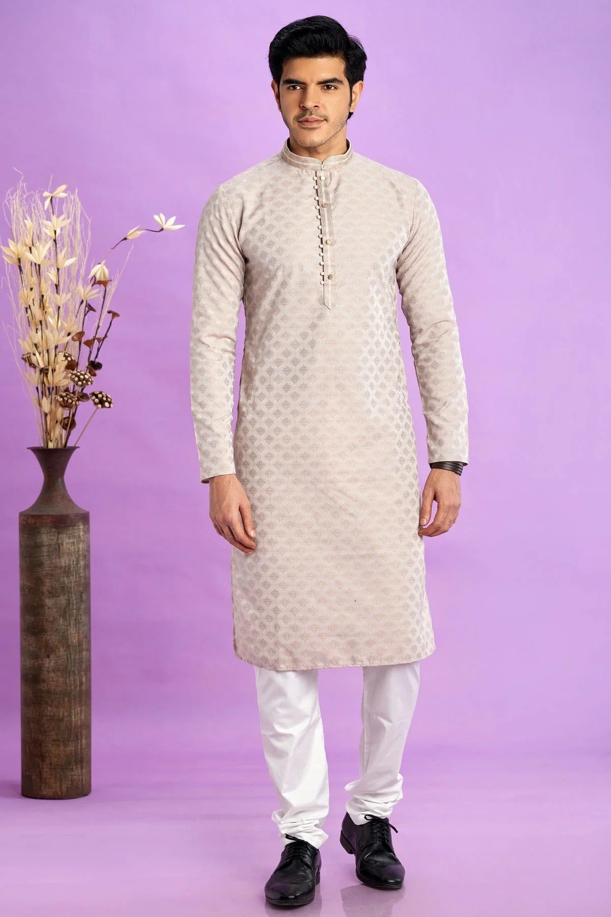 Cream Jacquard Art Silk Pintex Kurta Pajama NCKP12310171