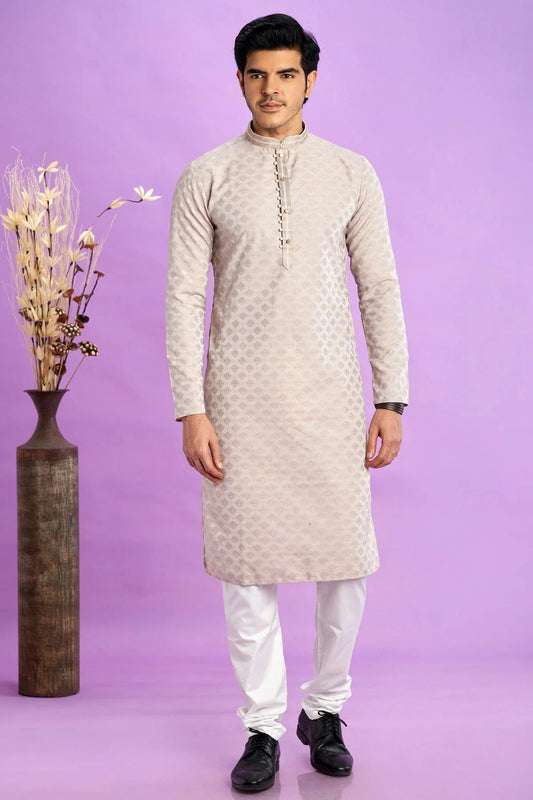 Cream Jacquard Art Silk Pintex Kurta Pajama NCKP12310171