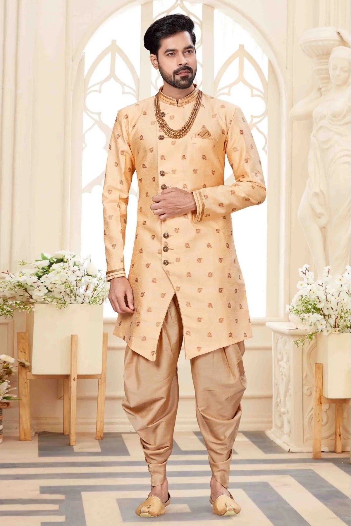 Cream Jacquard Dhoti Sherwani NCSH10410348