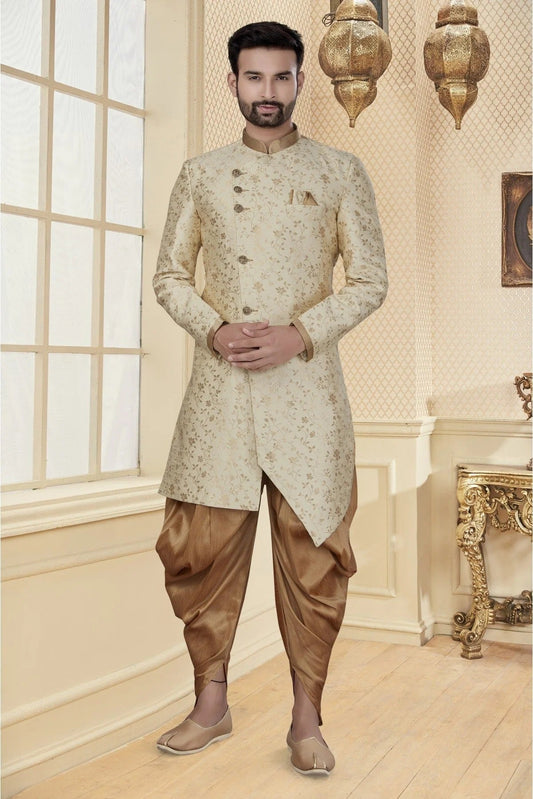 Cream Jacquard Dhoti Sherwani NCSH10410361