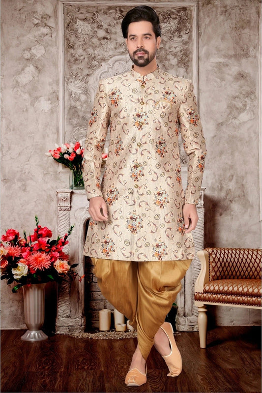 Cream Jacquard Dhoti Sherwani NCSH10410387