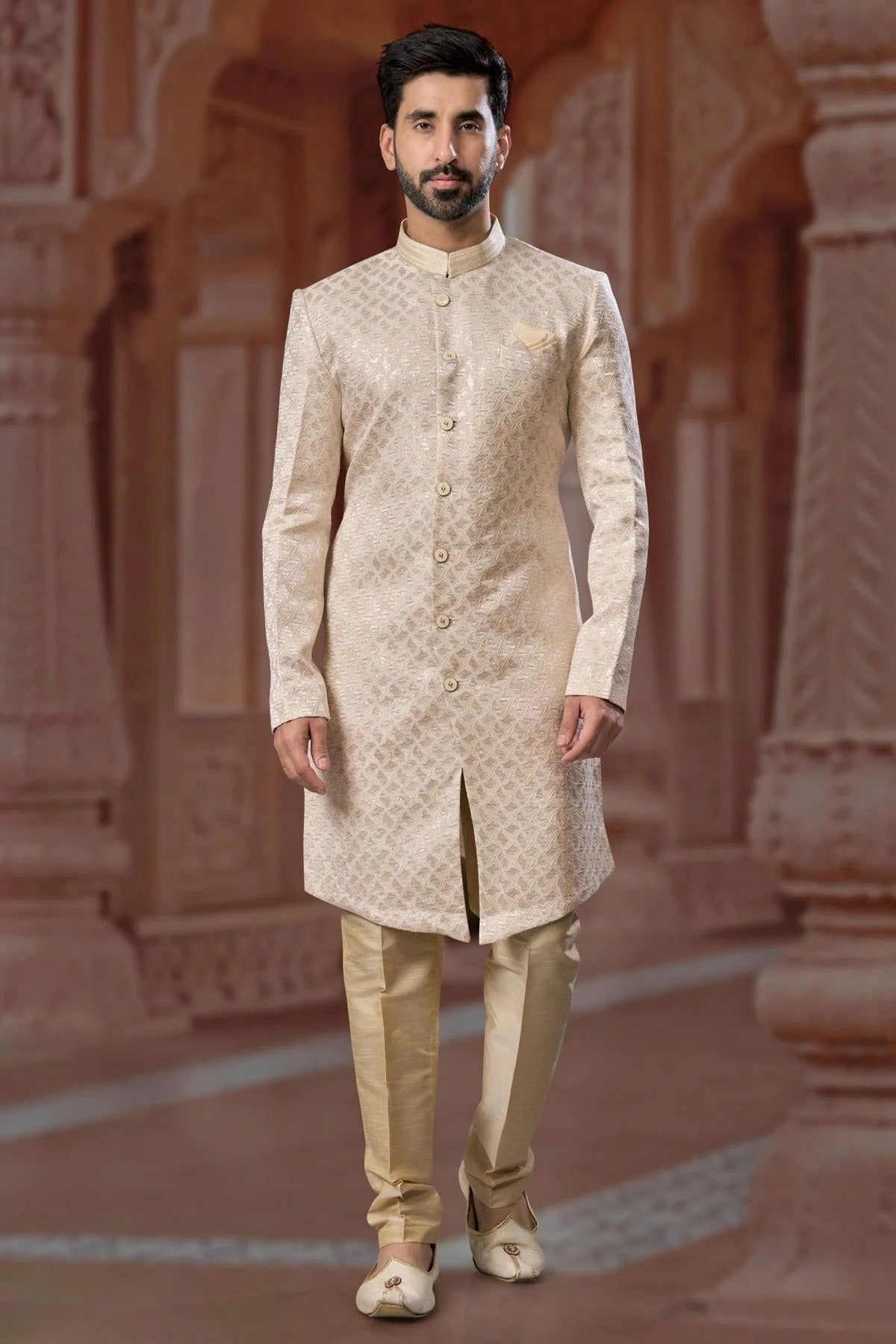 Cream Jacquard Sherwani NCSH10410252