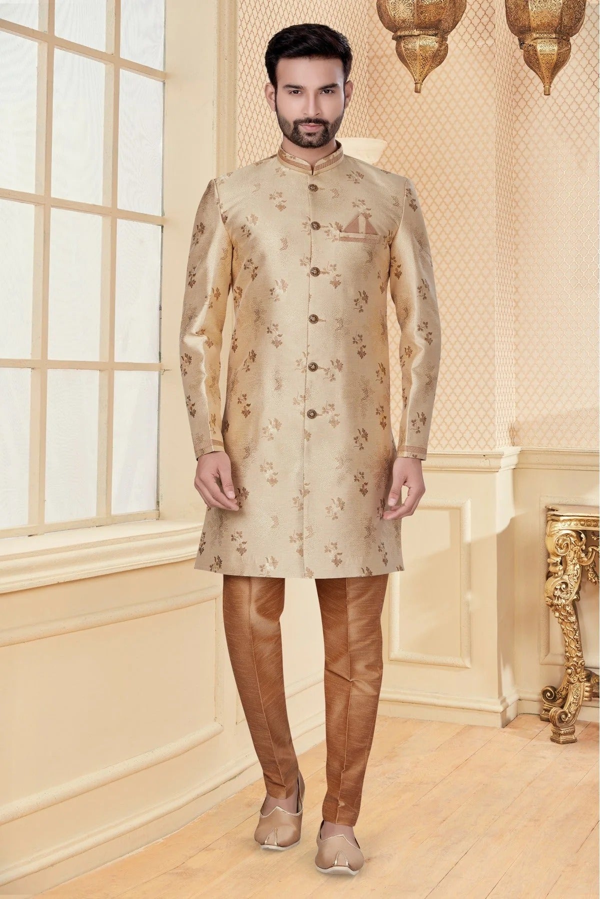 Cream Jacquard Sherwani NCSH10410353