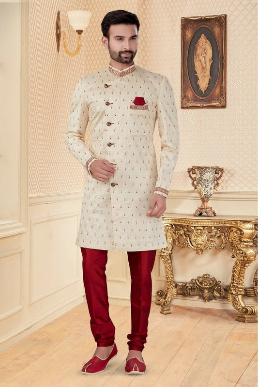 Cream Jacquard Sherwani NCSH10410372