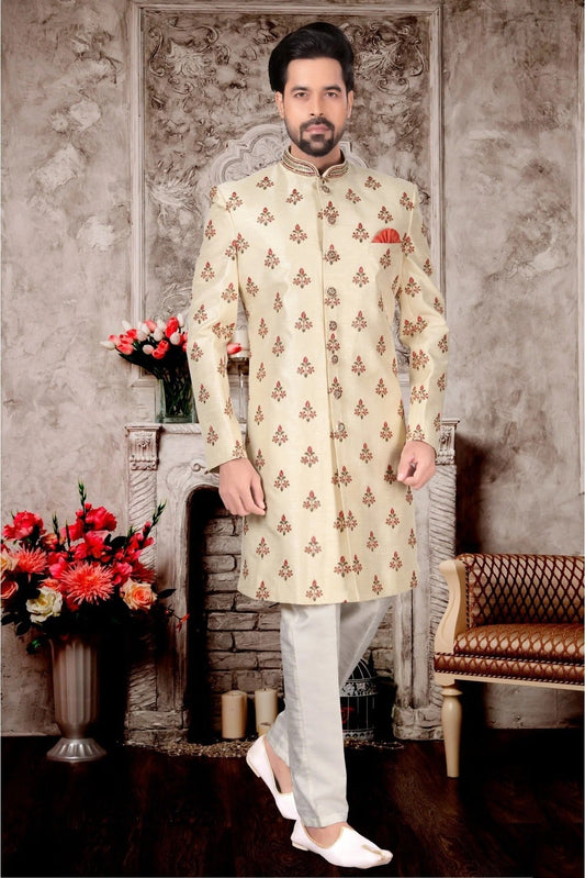 Cream Jacquard Sherwani NCSH10410378