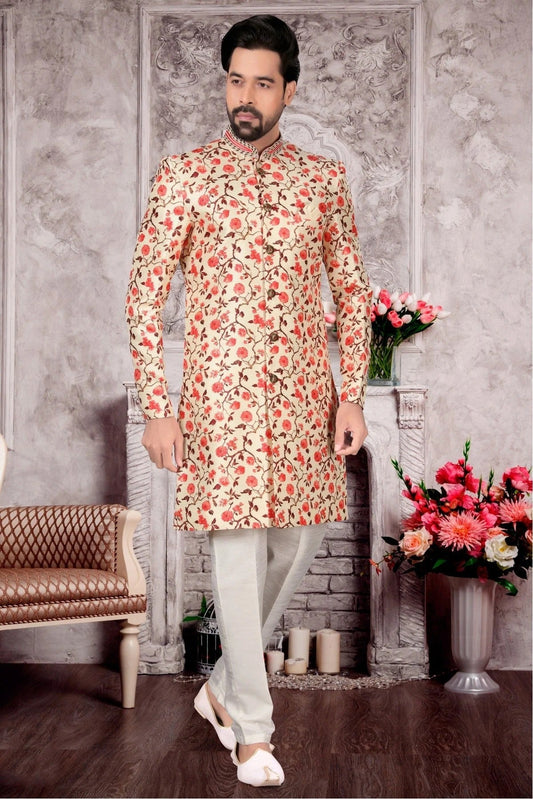 Cream Jacquard Sherwani NCSH10410398