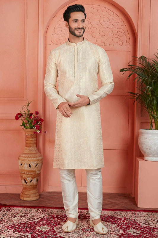 Cream Jacquard Silk Brocade Kurta Pajama NCKP12310149