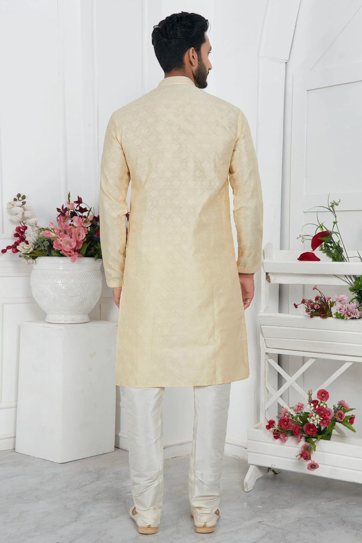 Cream Jacquard Silk Brocade Kurta Pajama NCKP12310151
