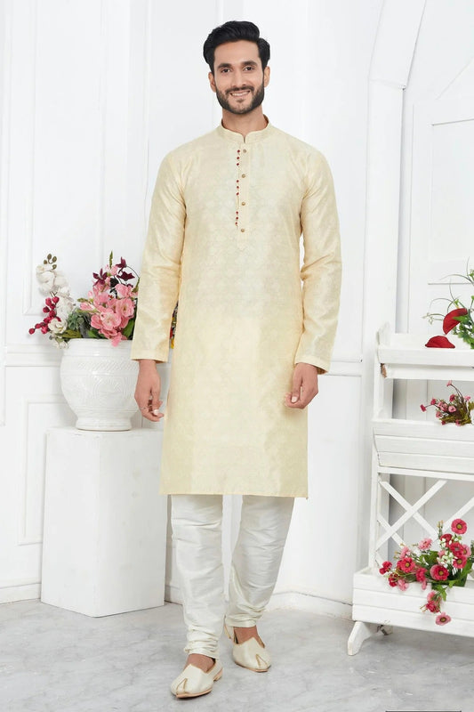 Cream Jacquard Silk Brocade Kurta Pajama NCKP12310151