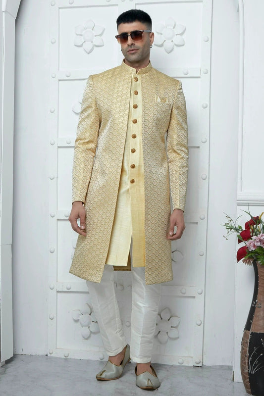 Cream Jacquard Silk Indowestern Sherwan With Aligadhi Pant  NCSH12310332