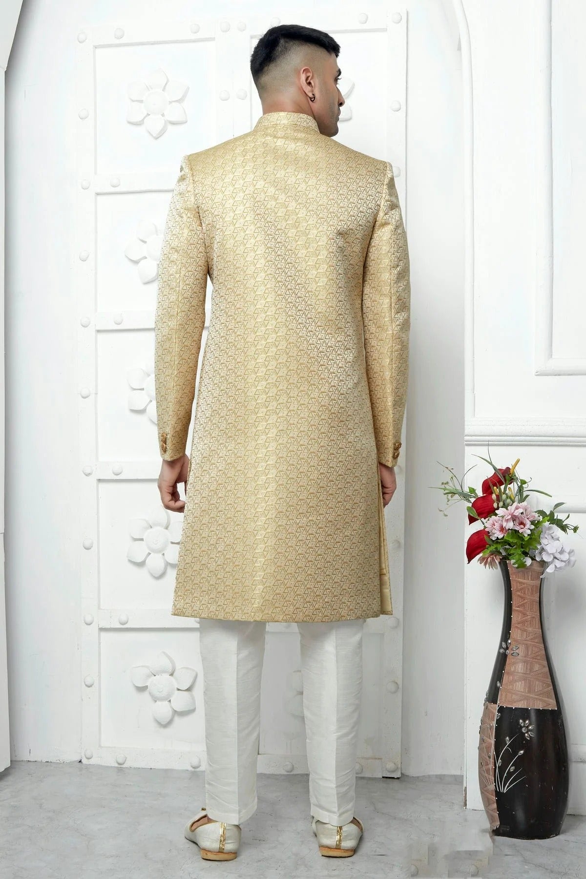 Cream Jacquard Silk Indowestern Sherwan With Aligadhi Pant  NCSH12310332