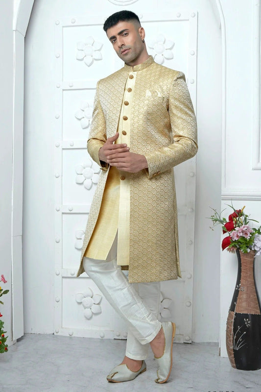 Cream Jacquard Silk Indowestern Sherwan With Aligadhi Pant NCSH12310332