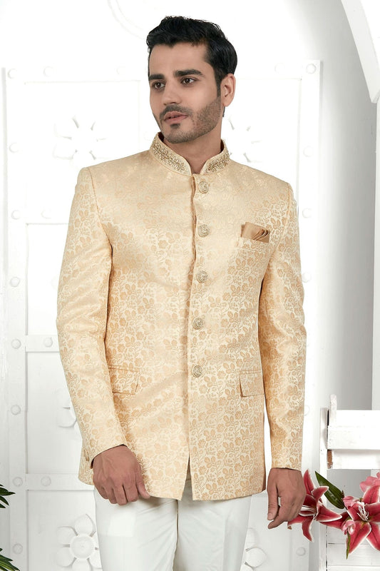 Cream Jacquard Silk Jodhpuri Jacket  NCJP12310270