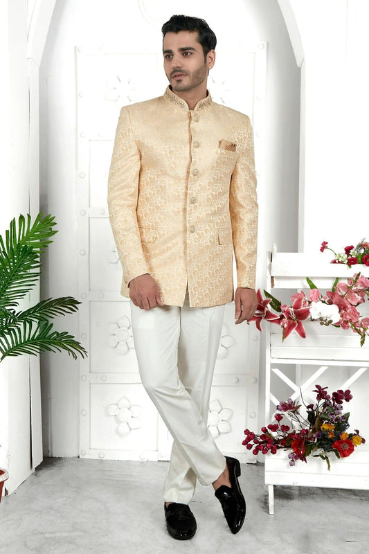 Cream Jacquard Silk Jodhpuri Jacket NCJP12310270