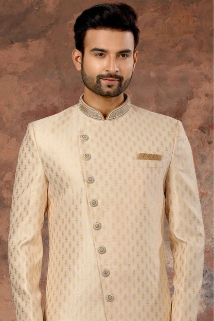Cream Jacquard Woven Sherwani NCSH10410413