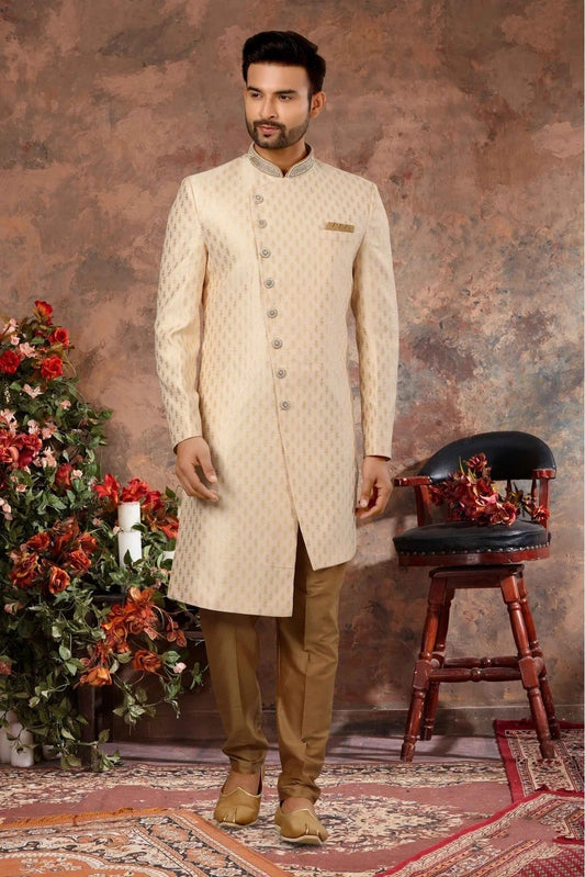 Cream Jacquard Woven Sherwani NCSH10410413