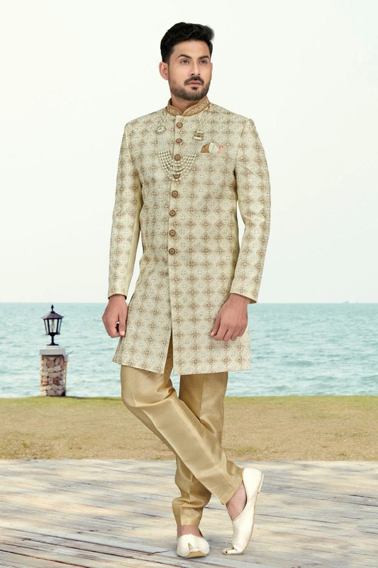 Cream Kora Shine Silk Indo Western Sherwani NCSH10410293