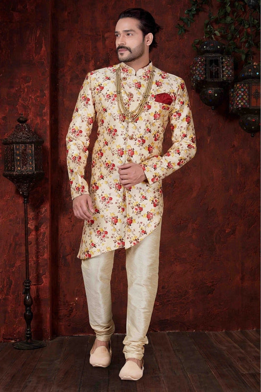 Cream Kurta Pajama In Jacquard Silk NCKP10410582