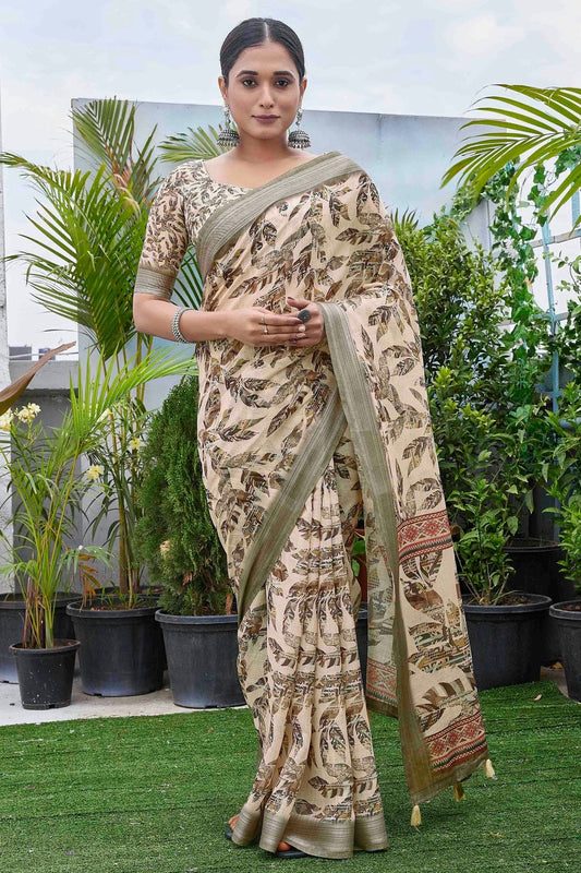 Cream Linen Blend Printed Saree NCSD11111873