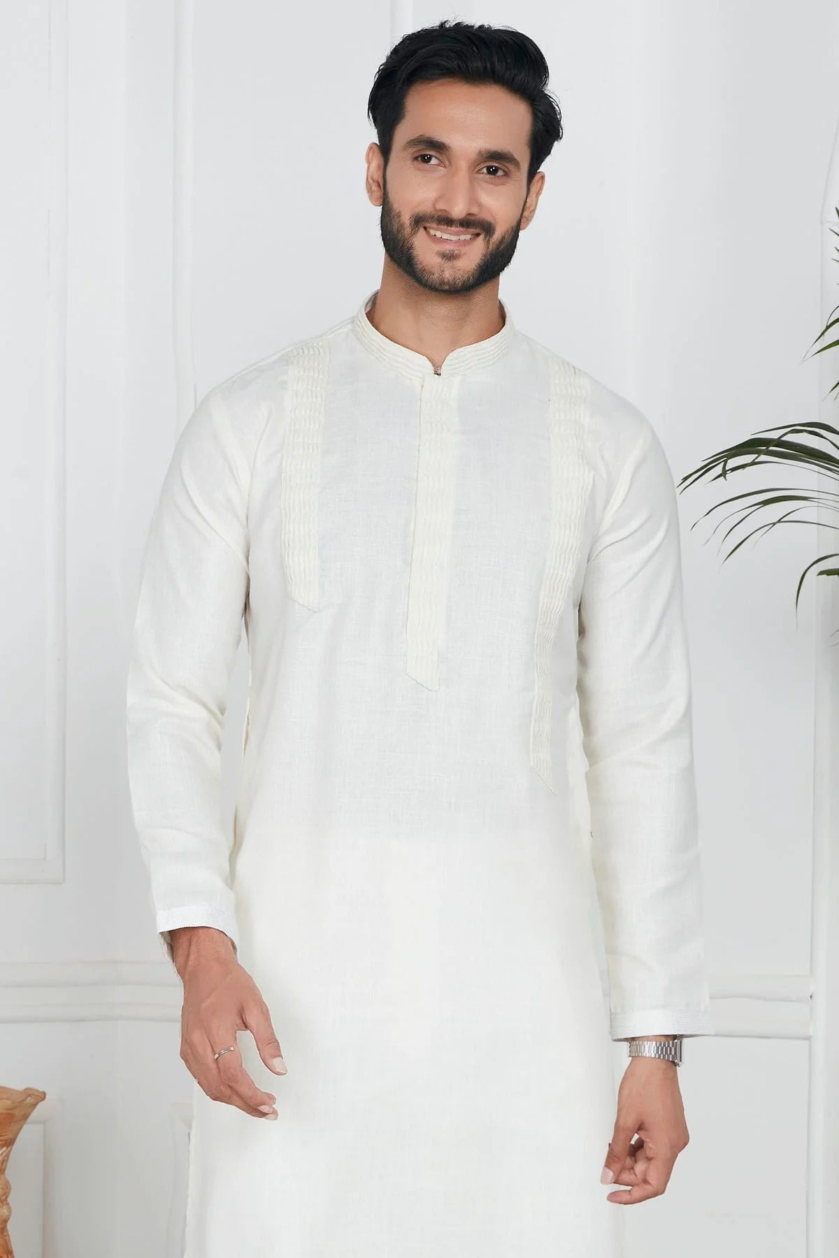 Cream Linen Cotton Pintex Kurta Pajama NCKP12310250