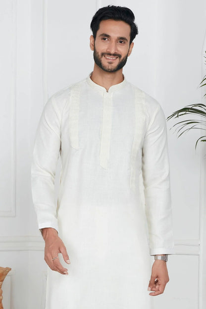 Cream Linen Cotton Pintex Kurta Pajama NCKP12310250