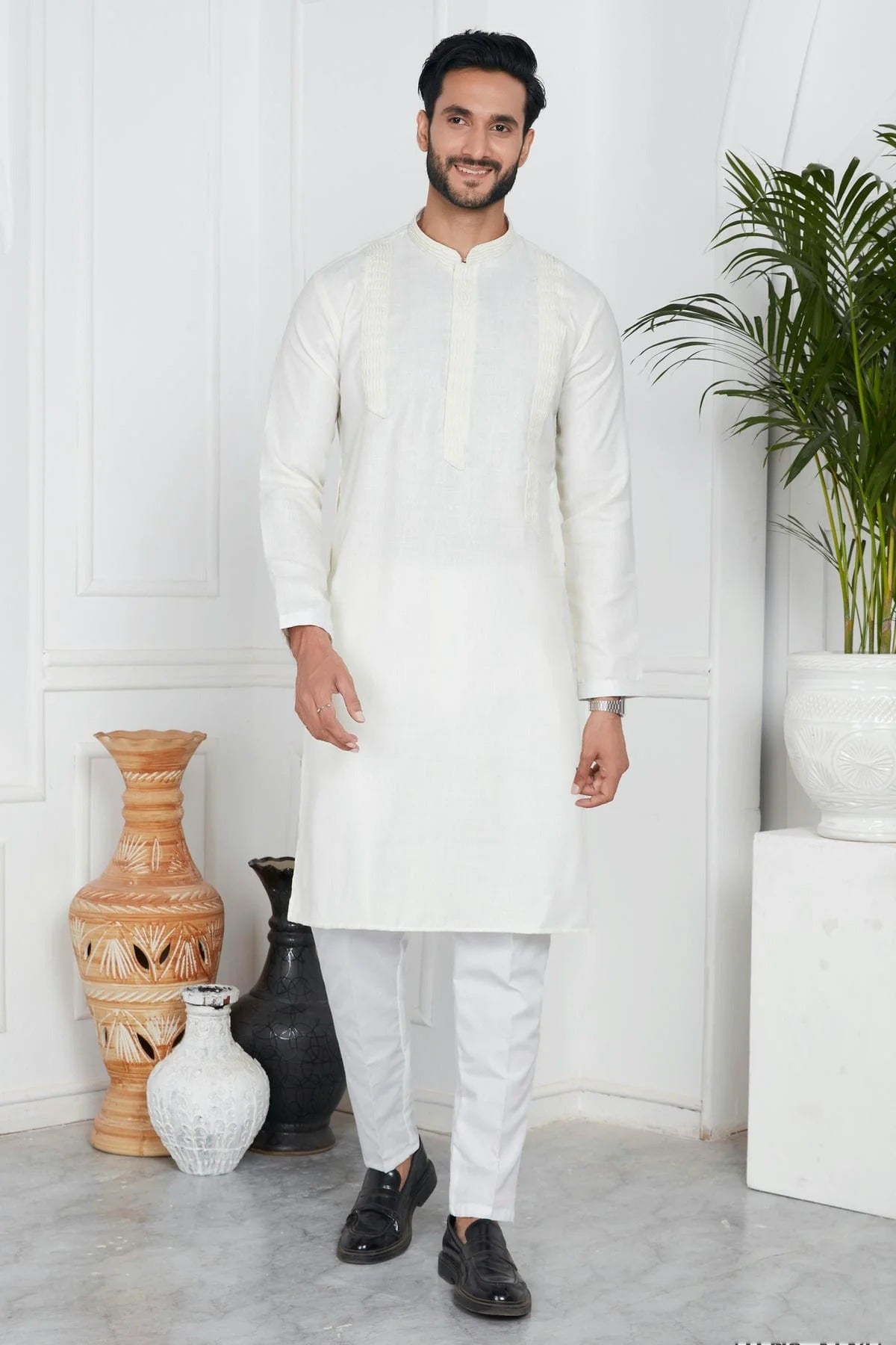 Cream Linen Cotton Pintex Kurta Pajama NCKP12310250