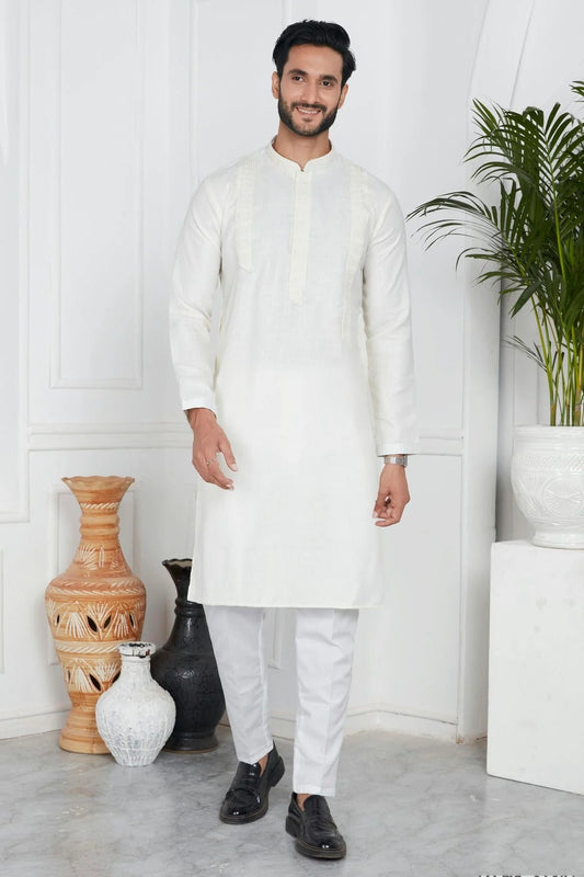 Cream Linen Cotton Pintex Kurta Pajama NCKP12310250