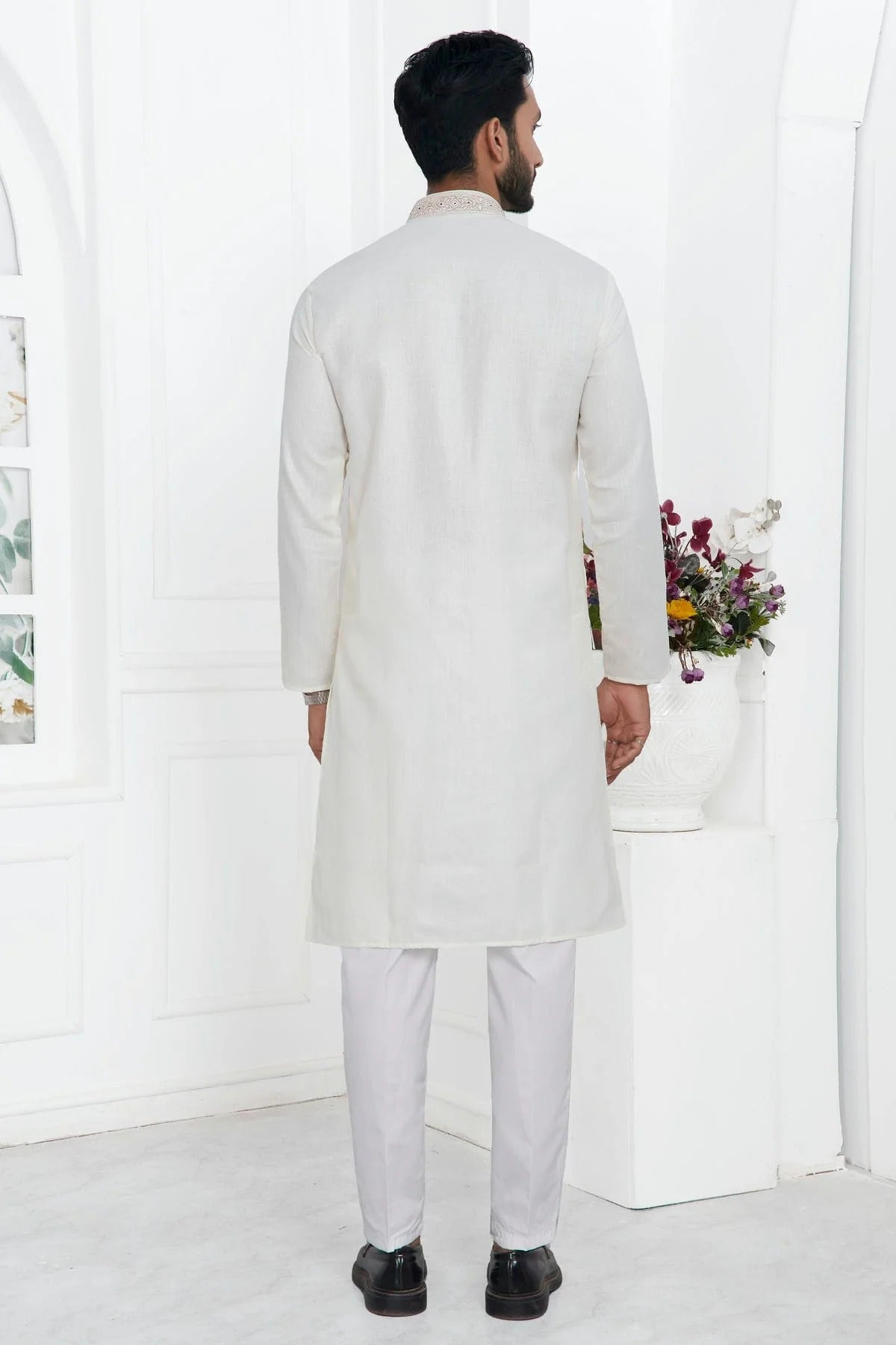 Cream Linen Cotton Thread Kurta Pajama NCKP12310233