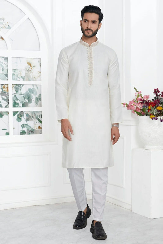Cream Linen Cotton Thread Kurta Pajama NCKP12310233