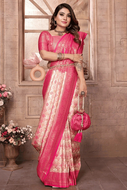 Cream Pink Woven Banarasi Silk Traditional Saree NCSD12510198