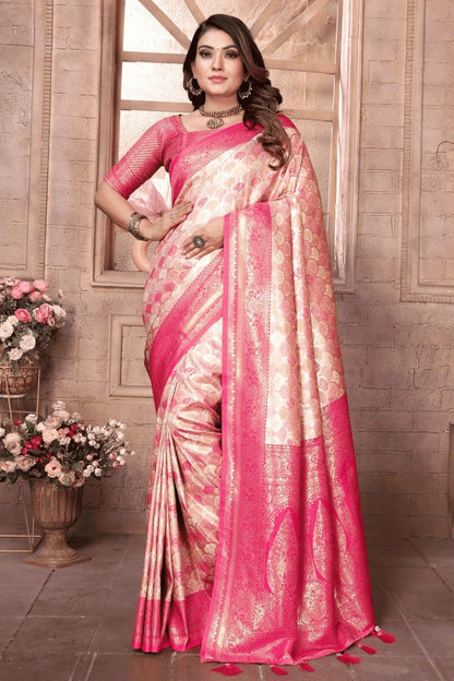 Cream Pink Woven Banarasi Silk Traditional Saree NCSD12510198