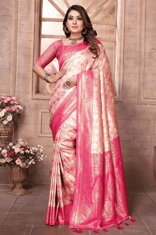 Cream Pink Woven Banarasi Silk Traditional Saree NCSD12510198