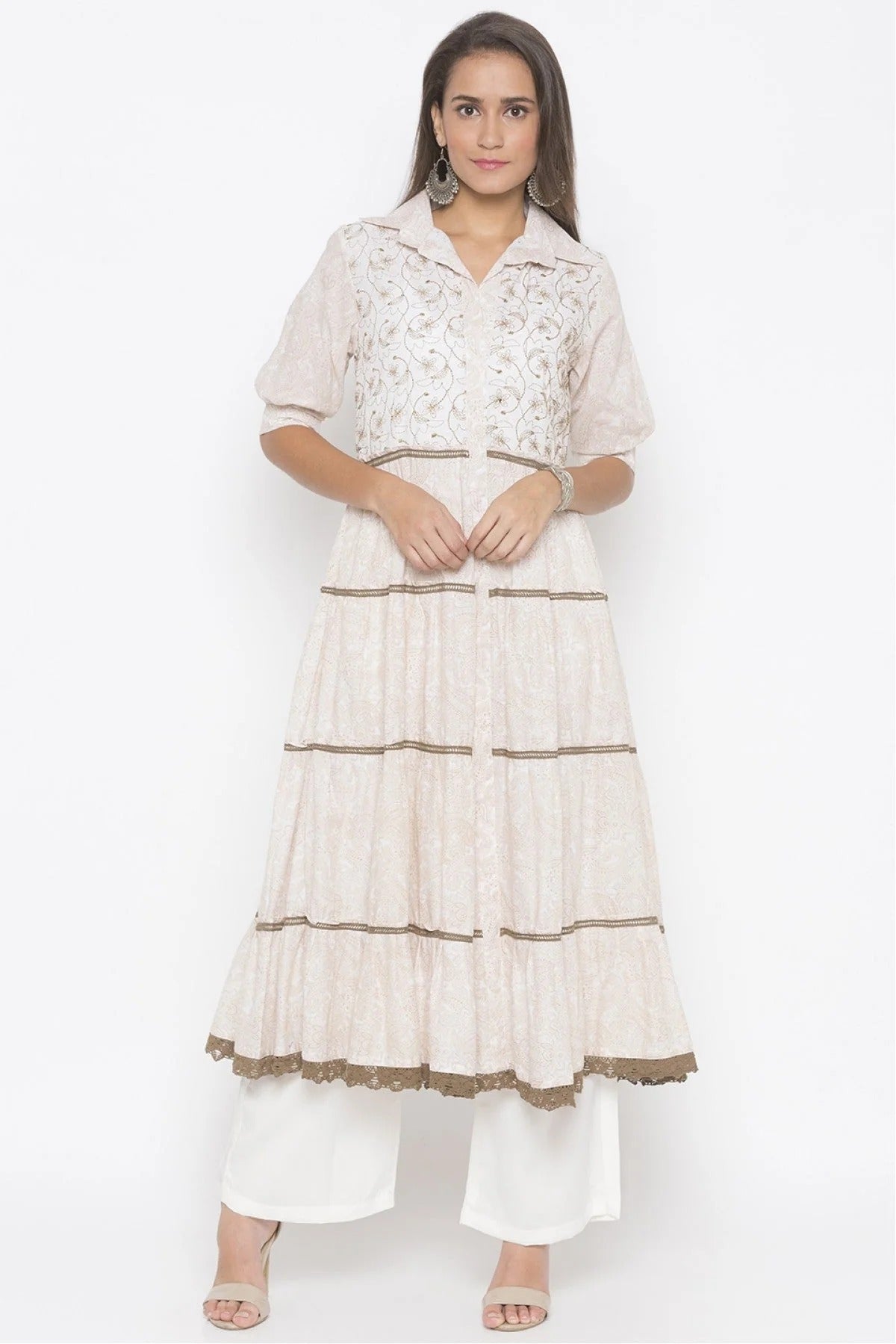 Cream Plus Size Cotton Embroidery Kurti NCKR10710334