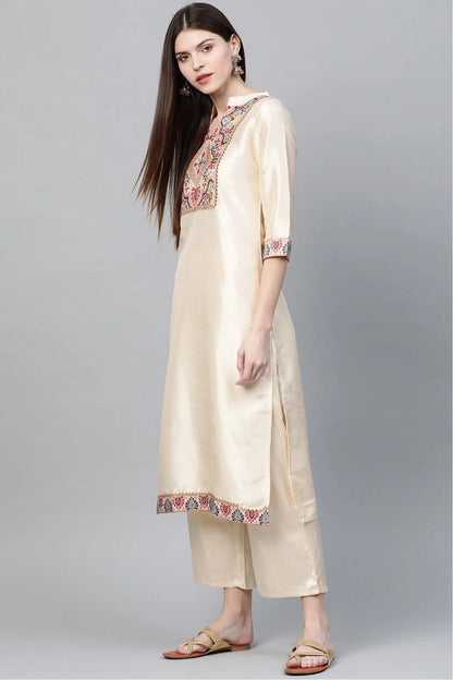 Cream Plus Size Poly Silk Straight Kurta Palazzo Set  NCKR10610108