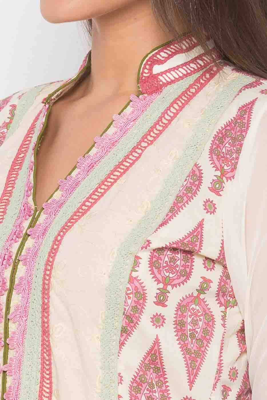 Cream Plus Size Stitched Cotton Embroidery Palazzo Pant Suit NCSS10710588